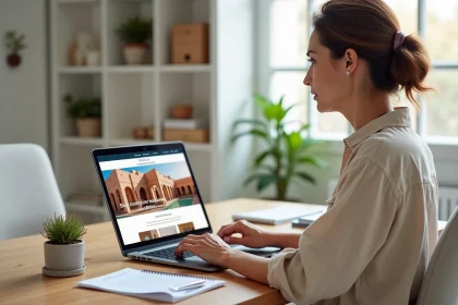 Femme consultant des annonces immobilières en ligne pour acheter une maison à Marrakech depuis son domicile européen