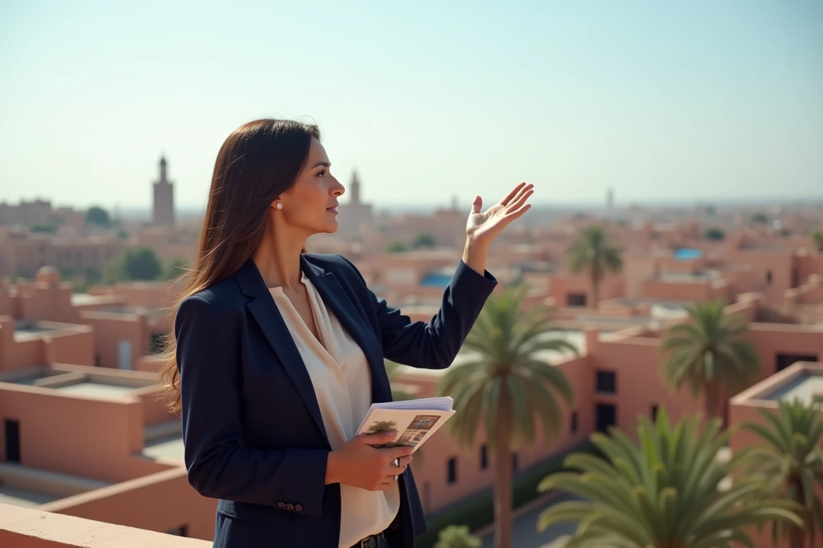 Agent immobilier présentant un appartement à vendre dans le quartier Guéliz de Marrakech avec vue sur la ville