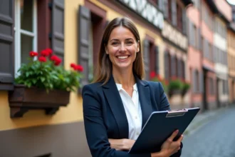 Agent immobilier souriante devant un bâtiment alsacien à colombages colorés à Colmar