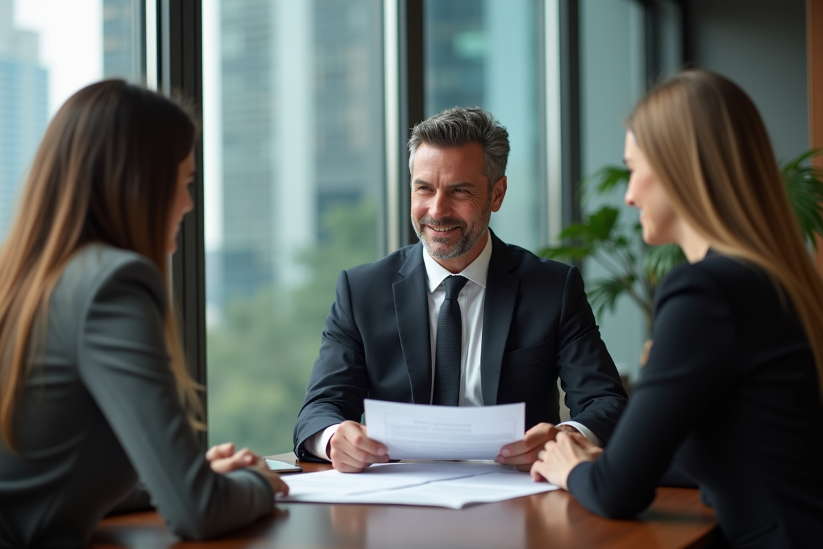 Agent immobilier expliquant des documents à un couple dans un bureau moderne