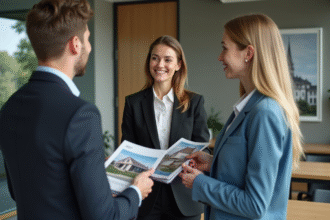 Femme agent immobilier parlant avec un couple dans un bureau moderne