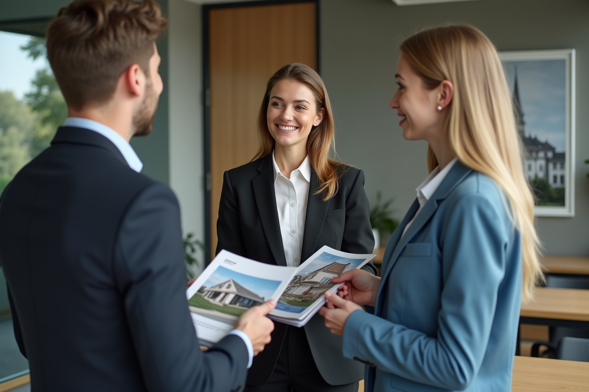 Femme agent immobilier parlant avec un couple dans un bureau moderne