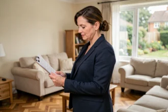 Agent immobilière professionnelle examinant des documents de vente dans un salon moderne à parquet clair