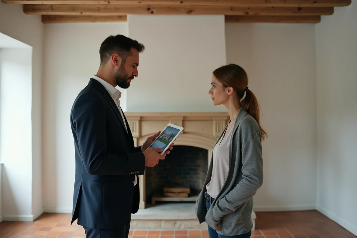 Agent immobilier présentant une estimation de prix à une propriétaire dans une maison vide du Calvados en contexte de divorce