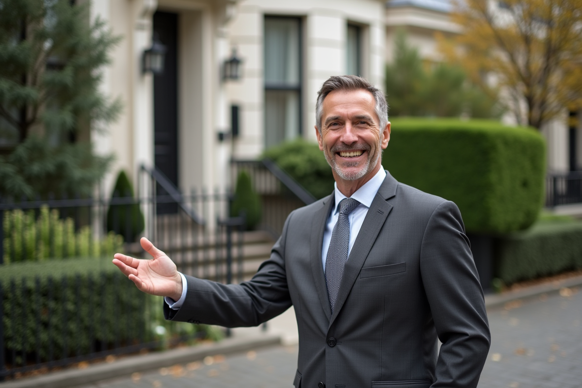Agent immobilier souriant devant façade de maison élégante