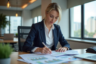 Agent immobilier en bureau lisant des documents