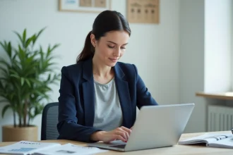 Femme agent immobilier analysant un logiciel de prix immobilier sur ordinateur portable dans un bureau moderne