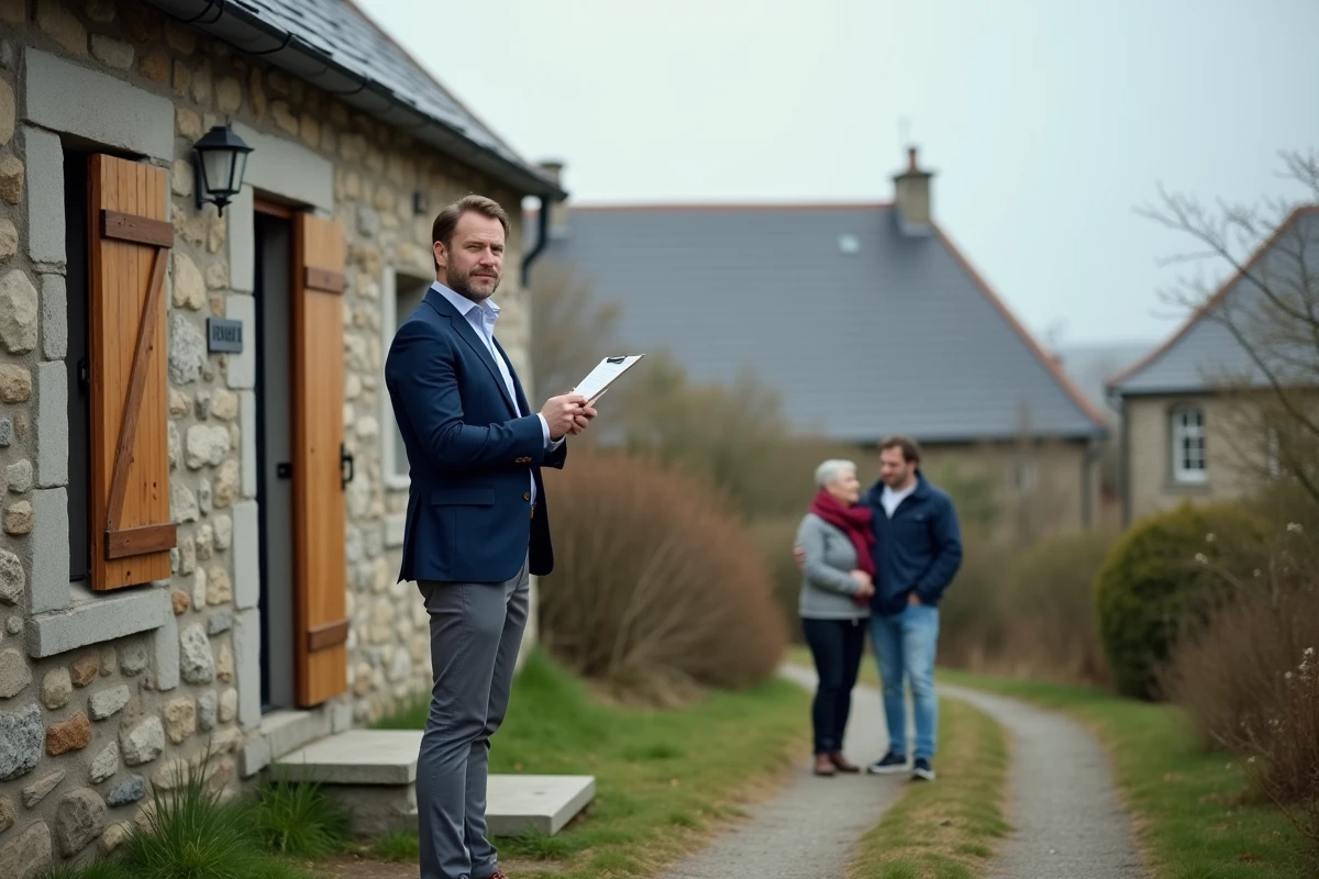 Agent immobilier devant une maison en pierre bretonne à vendre rapidement dans le Morbihan