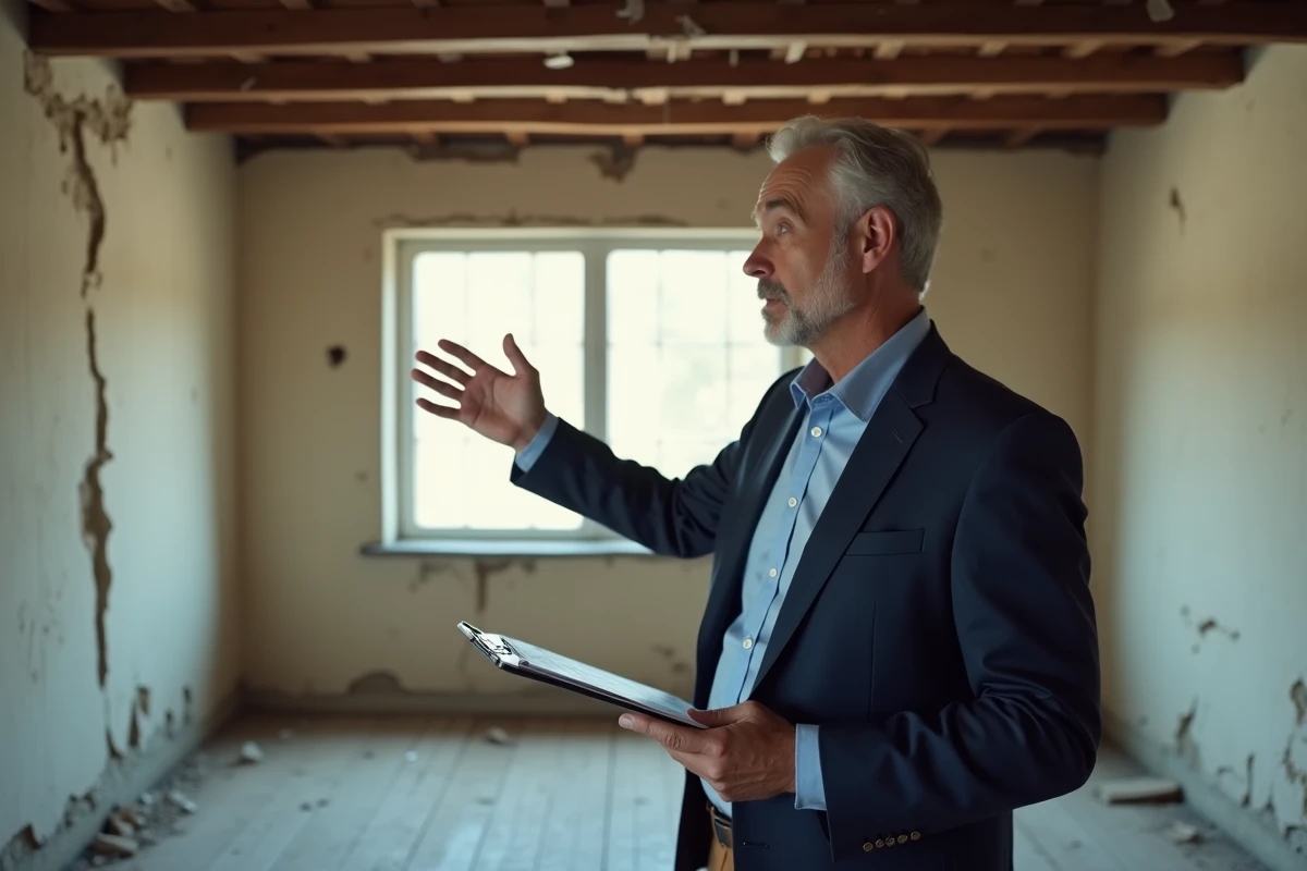 Agent immobilier présentant une maison délabrée à rénover proposée gratuitement avec documents en main