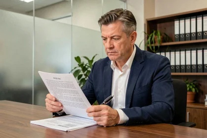 Agent immobilier lisant attentivement un mandat de vente exclusif avant résiliation dans une agence professionnelle