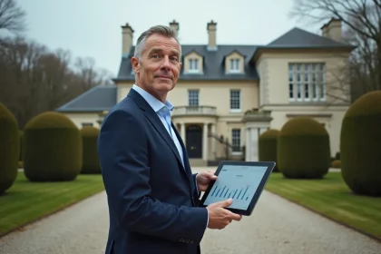 Agent immobilier de prestige tenant une tablette avec une estimation en ligne devant une villa de luxe en pierre