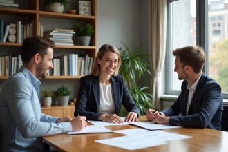 Agent immobilier souriant avec couple dans bureau lumineux