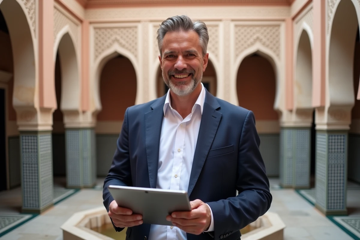 Agent immobilier marocain présentant un riad traditionnel à vendre à Marrakech avec cour intérieure en zellige