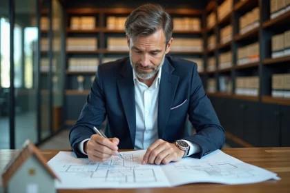 Agent immobilier en costume marine examinant des documents de transaction immobilière dans un bureau de notaire moderne, illustrant le mécanisme de TVA marchand de bien