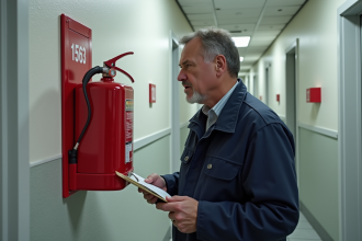 Agent immobilier inspectant un extincteur dans un couloir