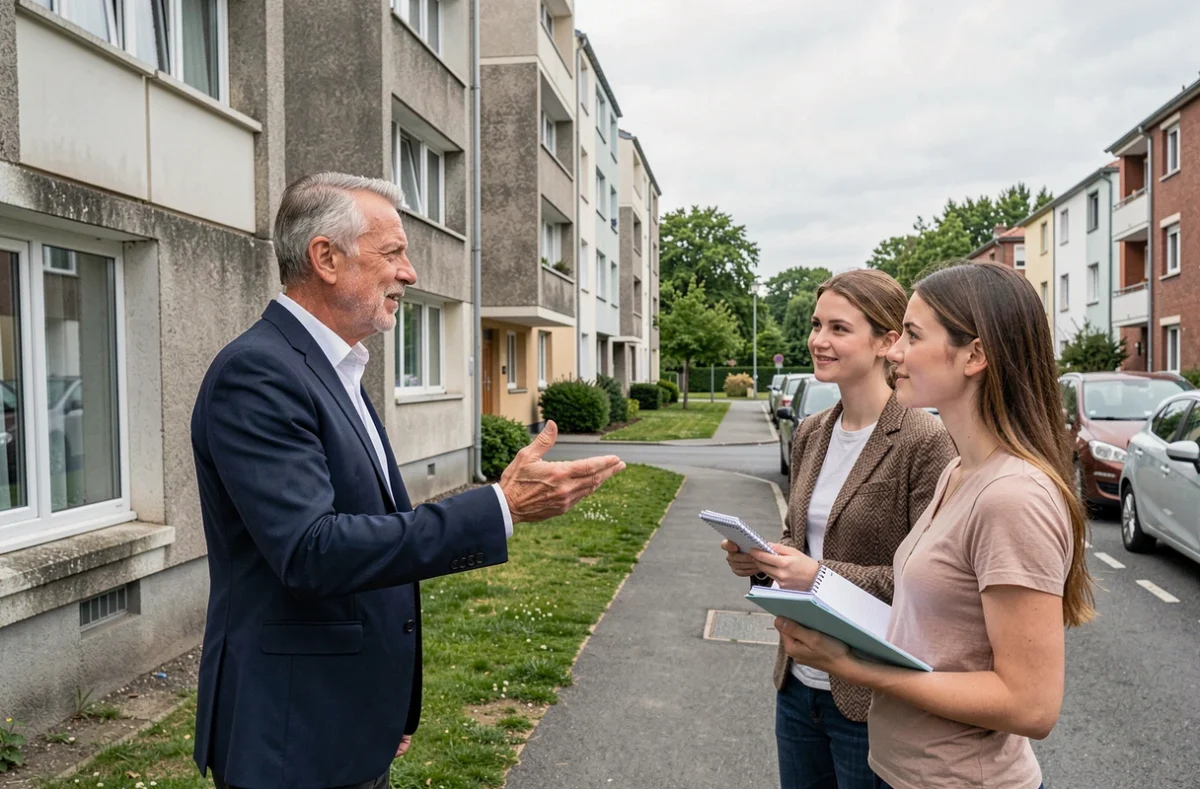 Agent immobilier présentant un immeuble de banlieue parisienne à un jeune couple primo-accédant dans une ville d'Île-de-France