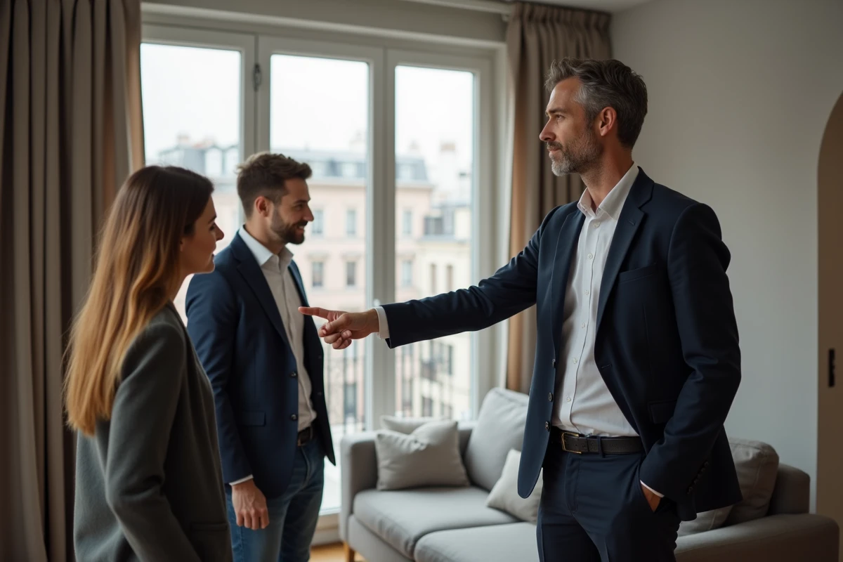 Agent immobilier présentant un appartement T3 à un couple lors d'une visite locative