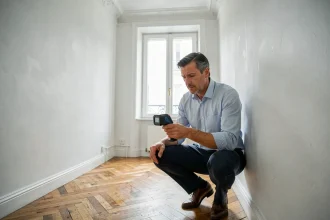 Agent immobilier mesurant la superficie d'un appartement vide avec un télémètre laser, parquet en chevrons et murs blancs