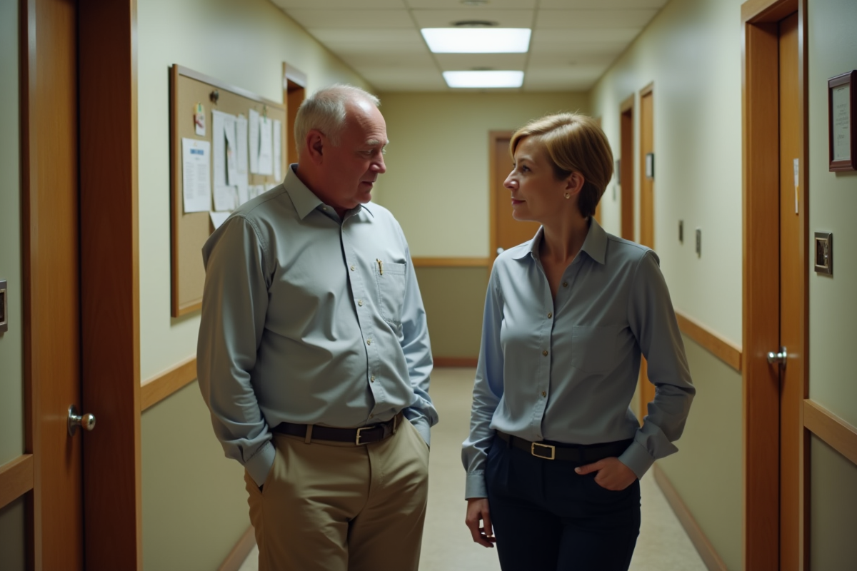 Agent immobilier parlant avec une locataire dans un couloir