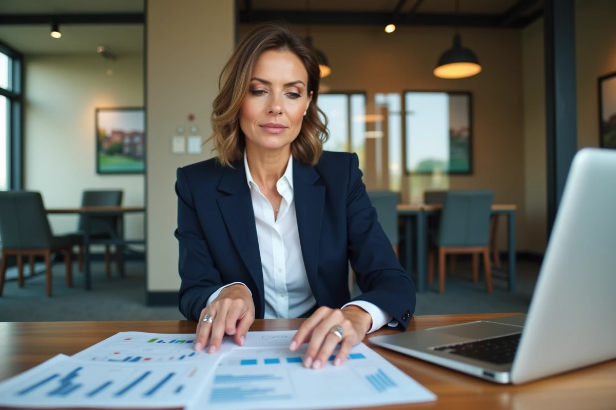 Agente immobilière analysant un rapport d'estimation immobilière sur un bureau moderne dans une agence professionnelle