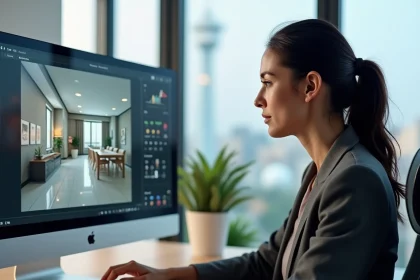 Agente immobilière naviguant une visite virtuelle 360 degrés sur un grand écran dans un bureau moderne