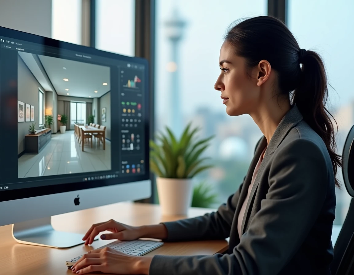 Agente immobilière naviguant une visite virtuelle 360 degrés sur un grand écran dans un bureau moderne
