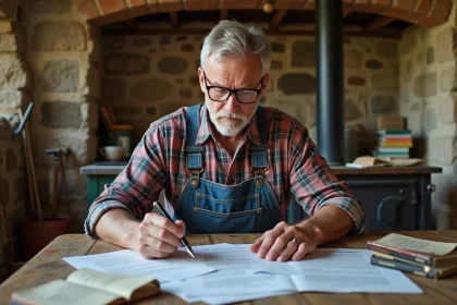 Agriculteur examinant attentivement un contrat de bail rural &agrave; la table d'une ferme traditionnelle fran&ccedil;aise