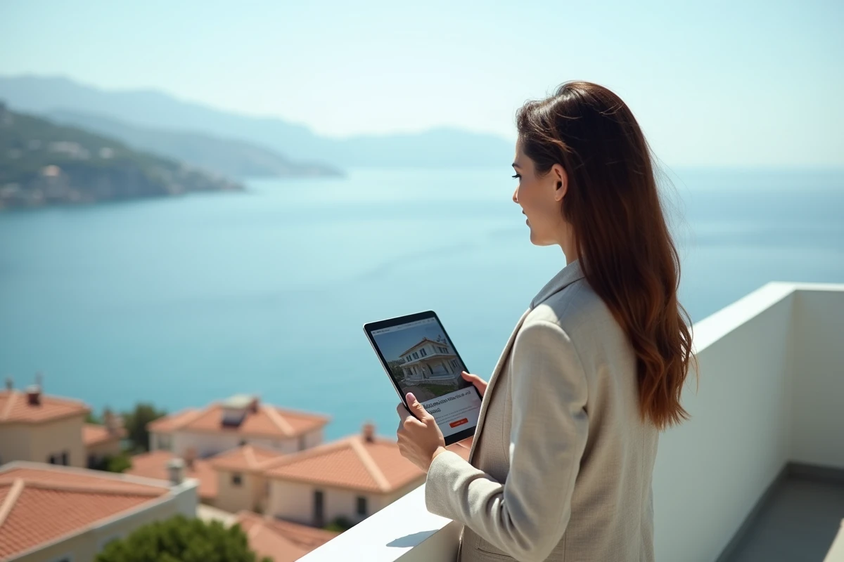 Femme consultant une annonce immobilière sur tablette depuis le balcon d'un appartement avec vue panoramique sur la mer
