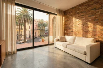 Salon moderne d'un appartement en location à Barcelone avec vue sur rue et décoration méditerranéenne