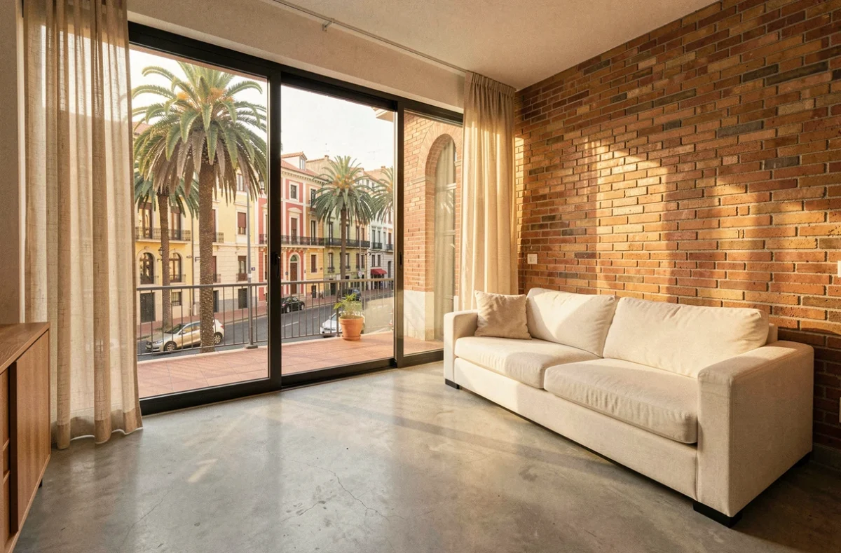 Salon moderne d'un appartement en location à Barcelone avec vue sur rue et décoration méditerranéenne