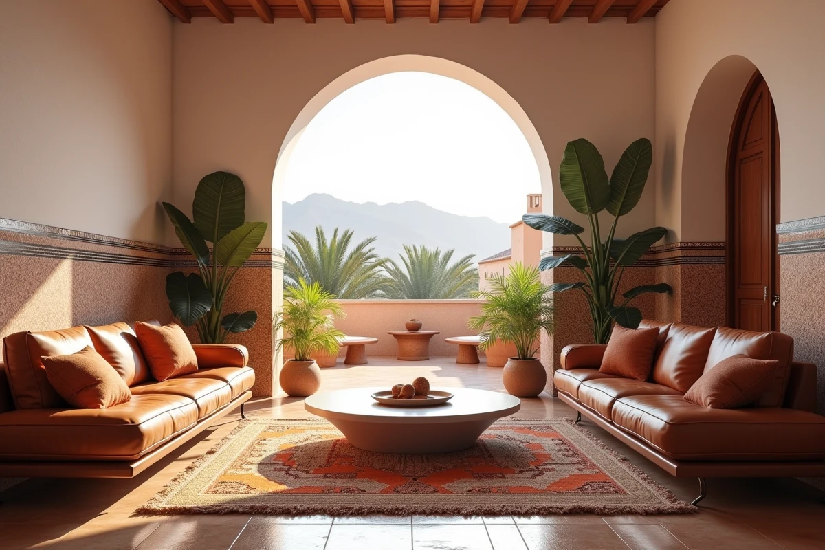 Salon moderne d'un appartement à vendre à Marrakech avec zellige traditionnel et vue sur les toits de la médina