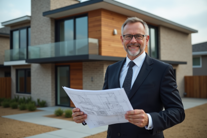 Architecte homme avec plans devant maison moderne