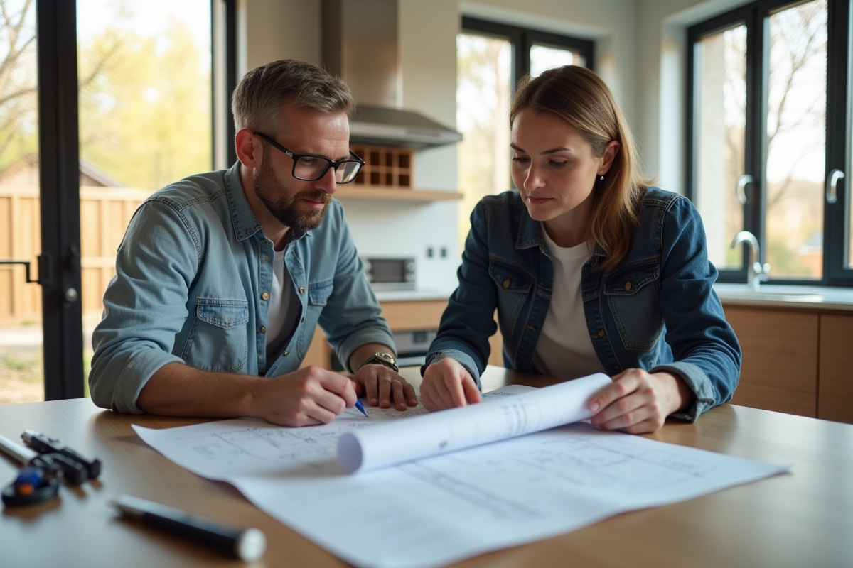 Propriétaire et architecte discutant plans dans une cuisine lumineuse