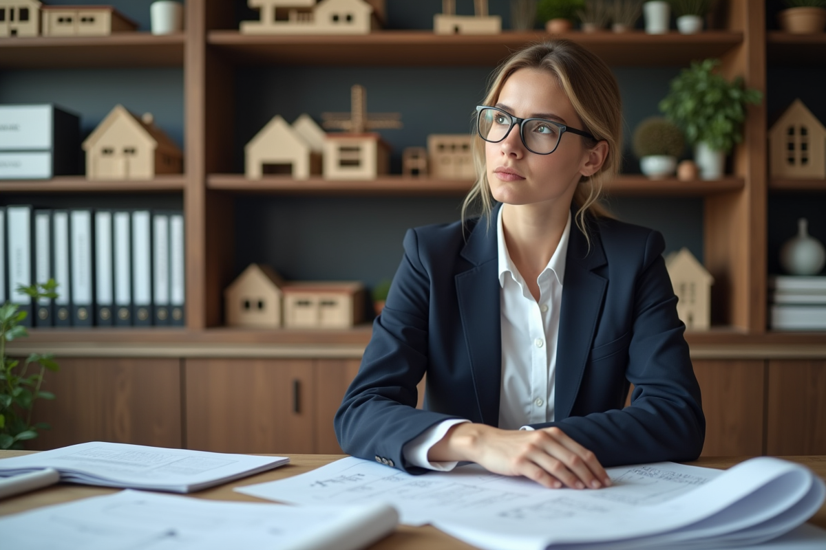 Architecte femme examine plans dans son bureau moderne