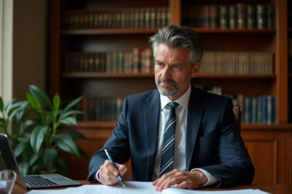 Avocat en cabinet juridique révisant des documents de référé préventif sur un bureau en bois