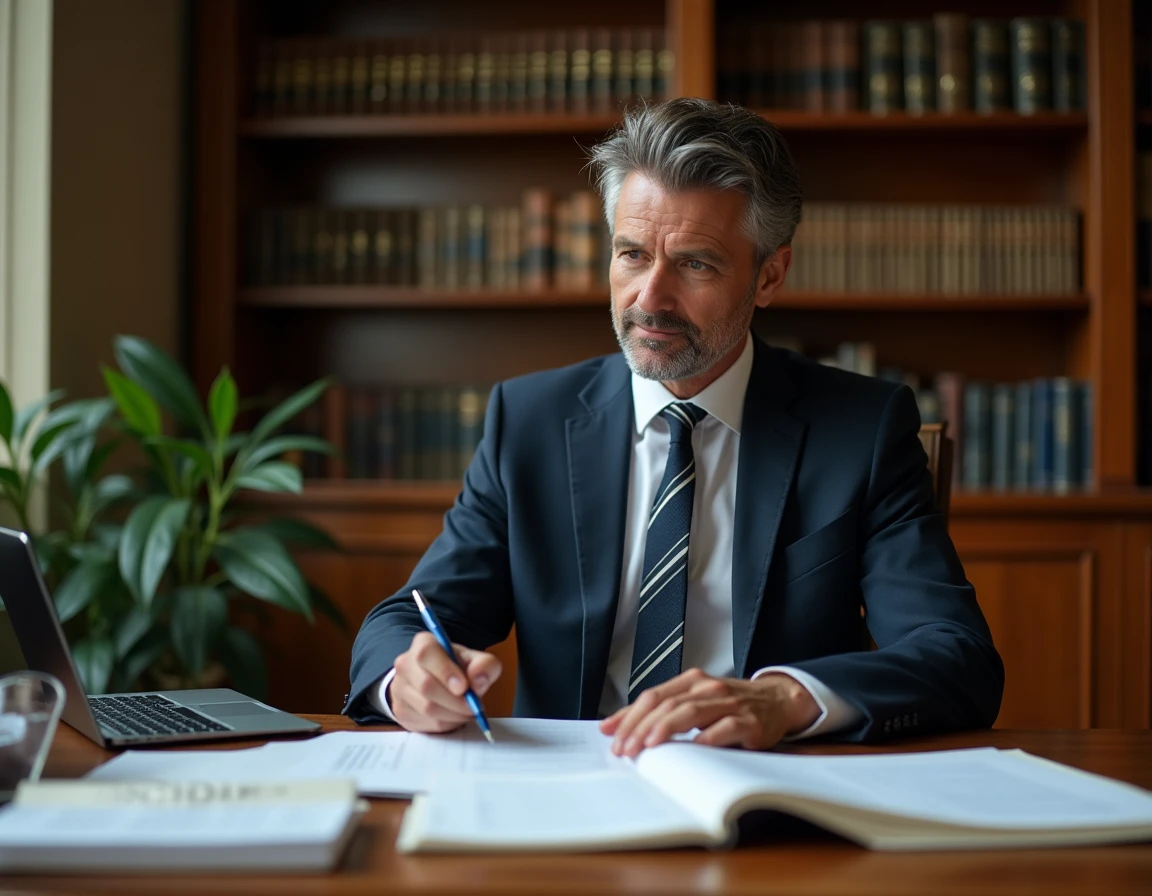 Avocat en cabinet juridique révisant des documents de référé préventif sur un bureau en bois