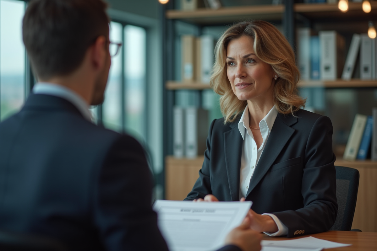 Avocate discutant de documents avec une cliente dans un bureau moderne