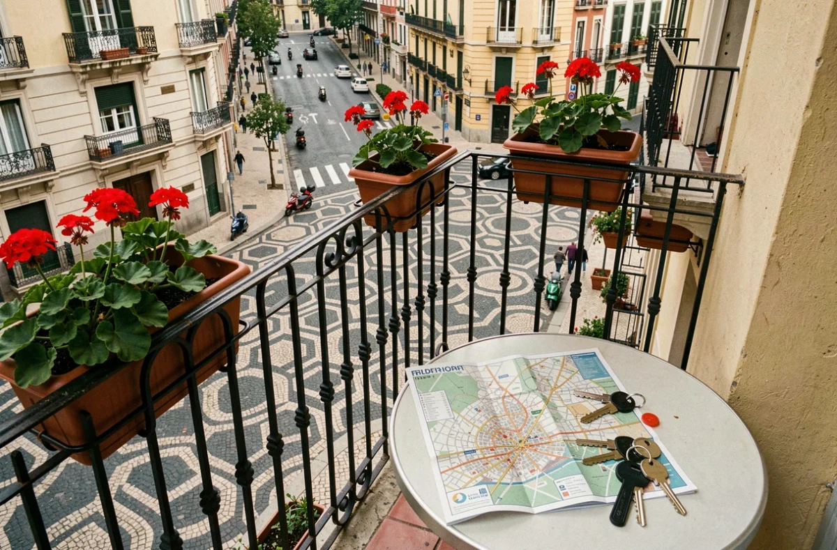 Balcon d'appartement en location dans le quartier Eixample de Barcelone avec vue sur la grille urbaine et géraniums