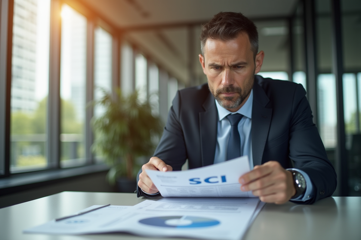 Banquier sérieux examinant un rapport financier immobilier