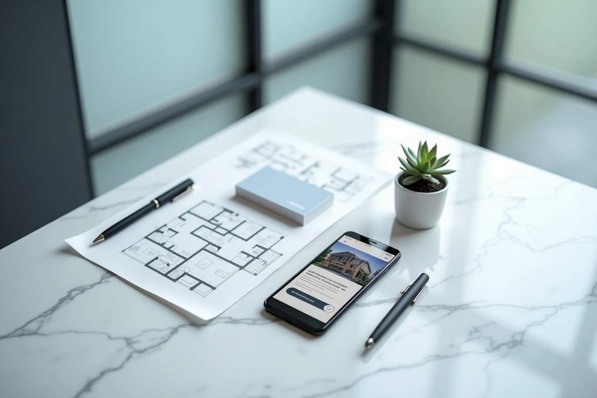 Vue aérienne d'un bureau en marbre avec smartphone affichant un site d'estimation immobilière de prestige et plans architecturaux
