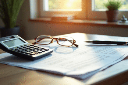 Espace de travail professionnel avec documents et calculatrice