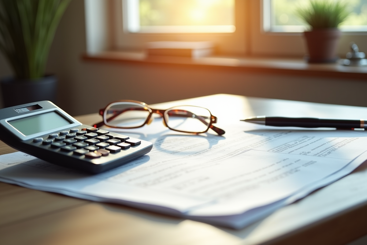 Espace de travail professionnel avec documents et calculatrice