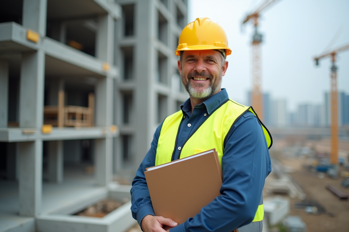 Chef de chantier construction avec casque jaune sur site