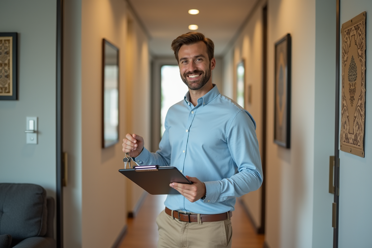 Jeune homme tenant des clés et un clipboard dans un couloir moderne
