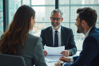 Conseiller financier expliquant un document à un couple dans un bureau moderne