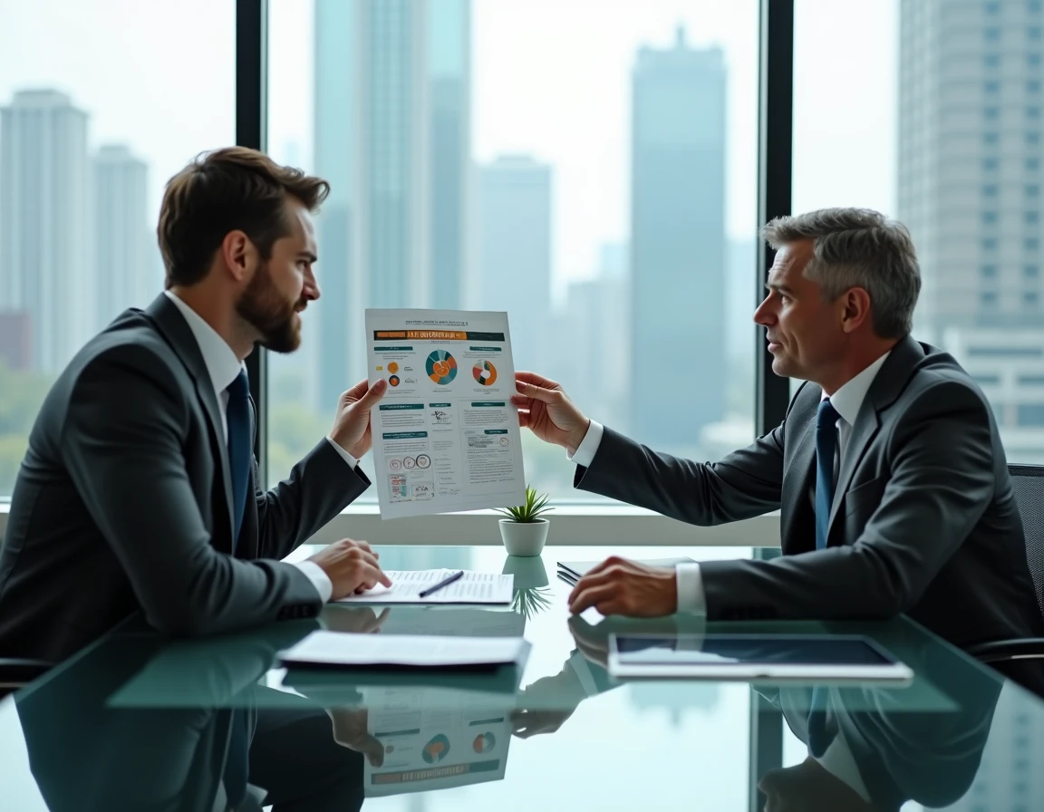 Conseiller financier expliquant des stratégies de défiscalisation à un client dans un bureau moderne