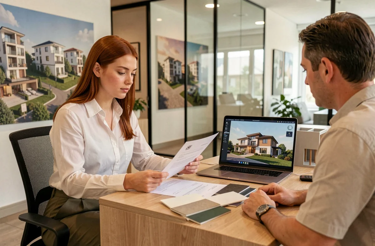 Femme consultant un contrat immobilier dans le bureau de vente d'un promoteur de maisons individuelles