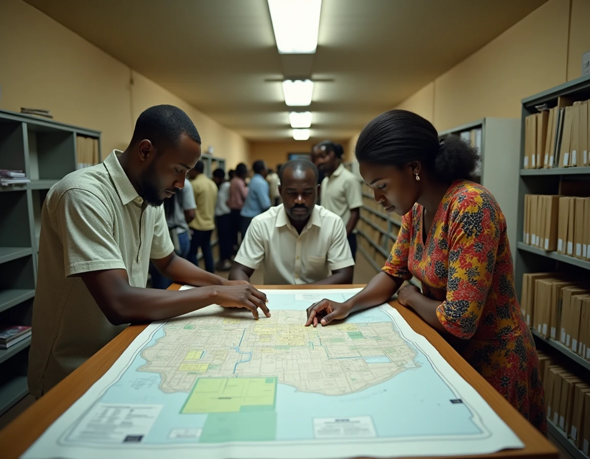 Des acheteurs immobiliers consultant un plan cadastral au bureau du registre foncier de Dakar pour vérifier la légalité d'un bien