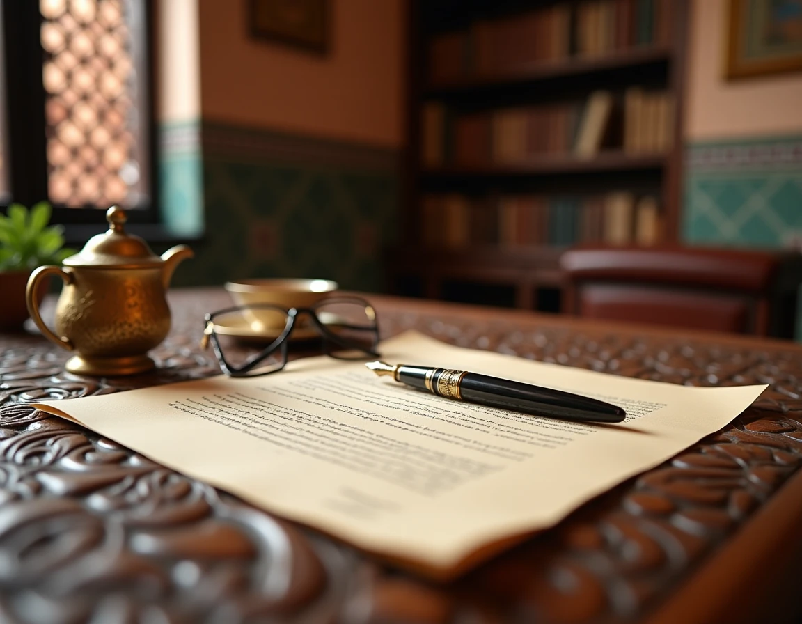 Contrat de vente immobilière signé chez le notaire à Marrakech avec stylo plume et verre de thé à la menthe sur table en cèdre sculpté