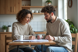 Femme et jeune homme examinant un contrat de location à la cuisine